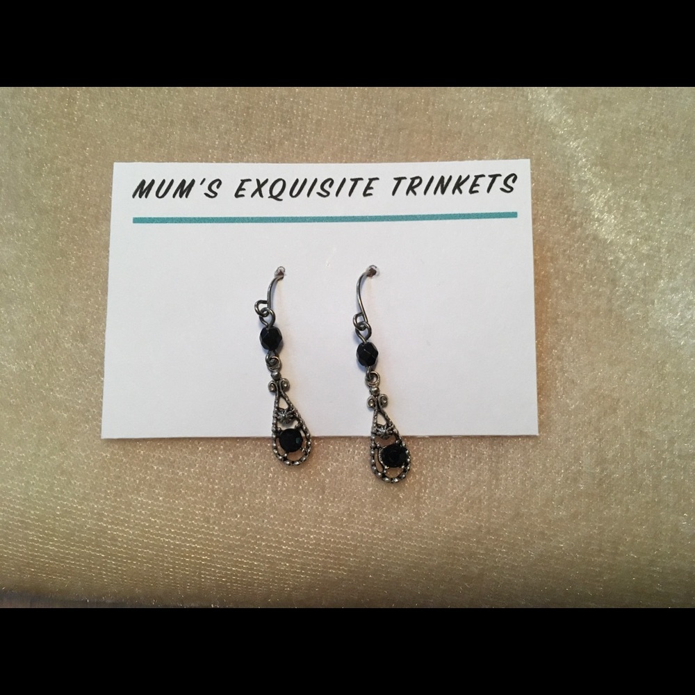 Fish Hook Silver & Black Crystal Dangle Earrings